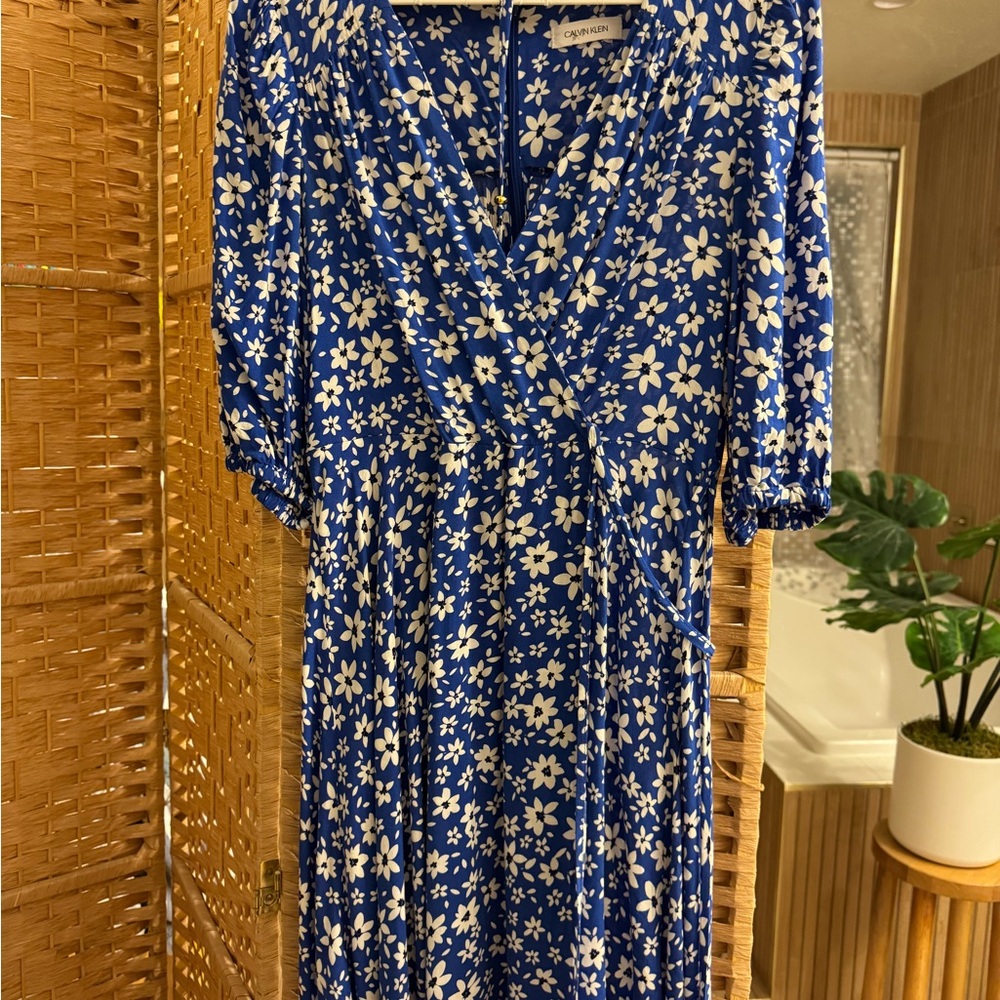 Calvin Klein Blue and White Floral Wrap Midi Dress